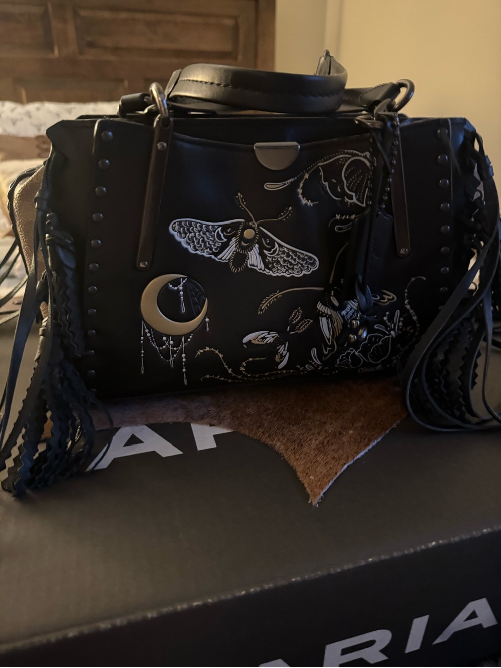 Black Embroidered Moon & Moth Satchel